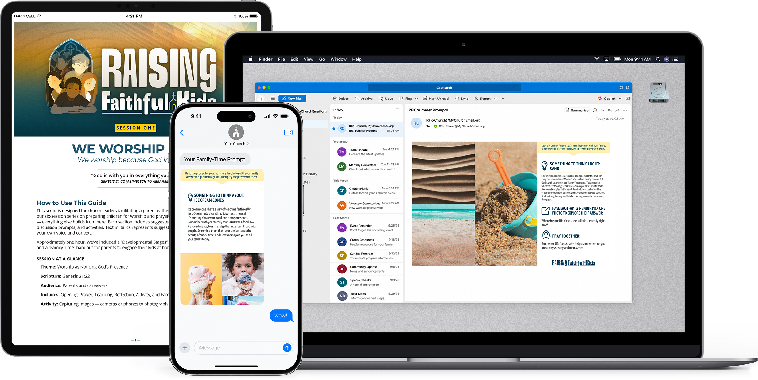 An iPad, iPhone, and Computer showing Raising Faithful Kids Resources